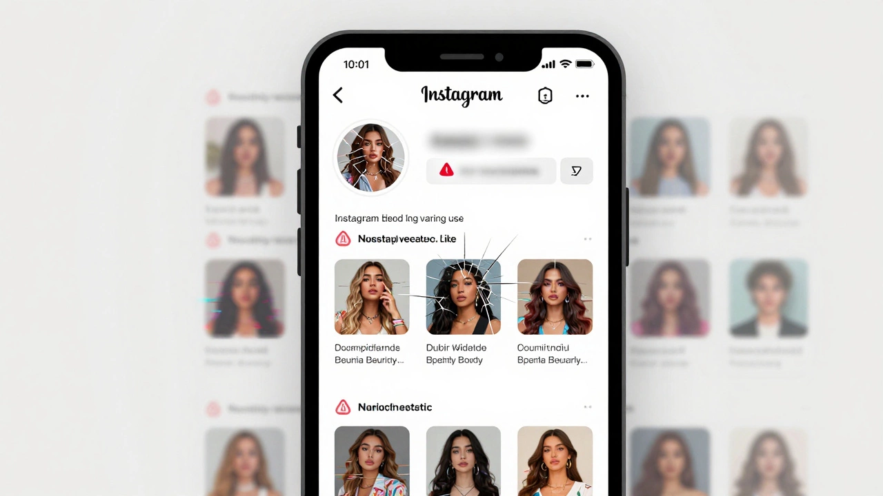 A smartphone screen displaying multiple fake escort profiles, one corrupted, with glitch art effects and warning symbols.