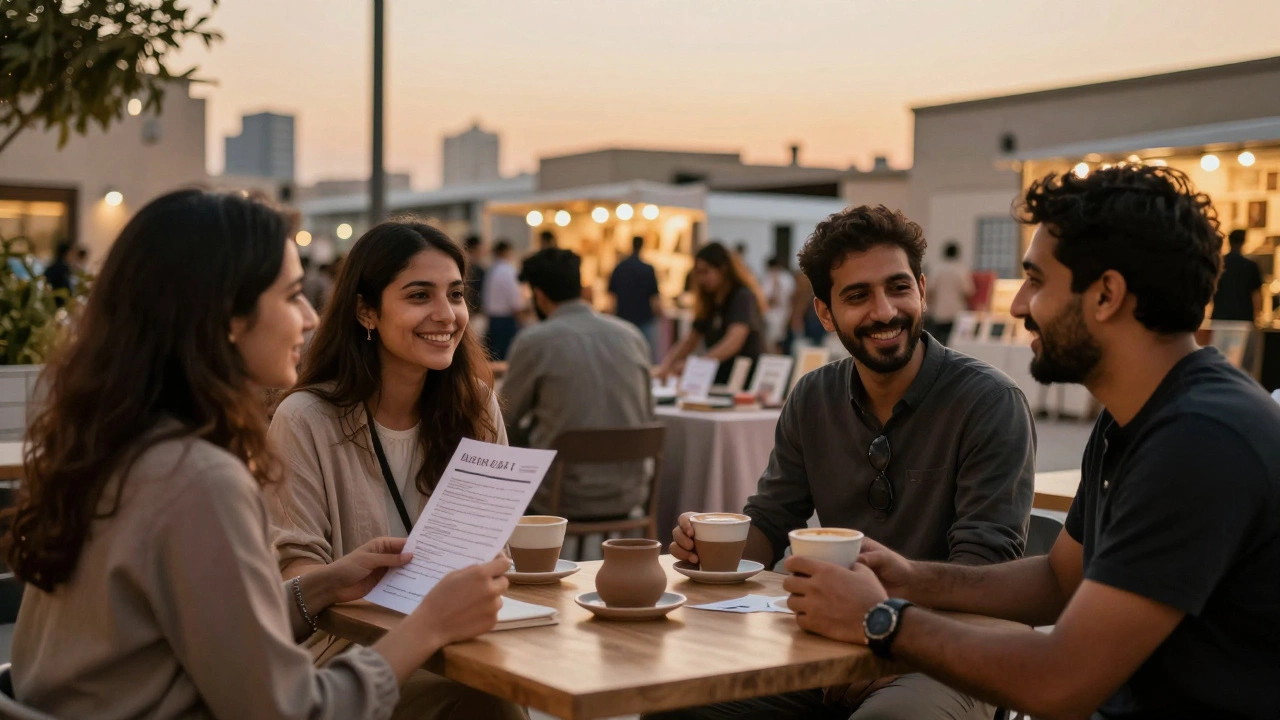 Expats enjoying coffee at an outdoor café in Alserkal Avenue, sharing laughter under golden evening light.